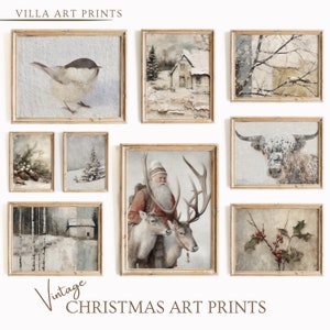 Artful Christmas Print Set, Vintage Christmas Holiday Decoration, Farmhouse Christmas Décor, Rustic Xmas Gallery Wall, Winter Holiday Prints