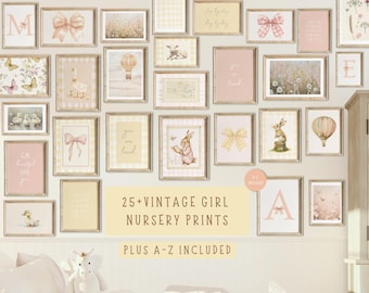 女の子のベビー用ナーサリープリント、ヴィンテージ風ガールズルームアート、ピンクパステルカラーの女の子用ナーサリーギャラリーウォール、パーソナライズ可能な印刷可能なナーサリーデジタルダウンロード