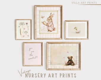 Ensemble d'affiches vintage pour chambre de bébé fille, style cottagecore, décoration murale rose, style ferme, à imprimer (téléchargement numérique)
