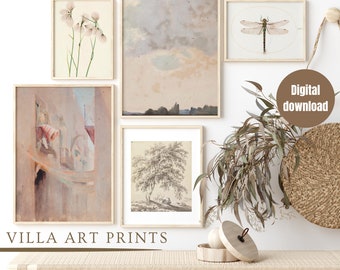 Vintage European gallery wall print set, Neutral colour home wall decor printable, Muted farmhouse print set, digital download,