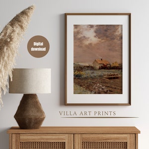 Vintage French farmhouse printable wall art, rustic country cottage painting, European farmhouse print, warm aesthetic landscape print