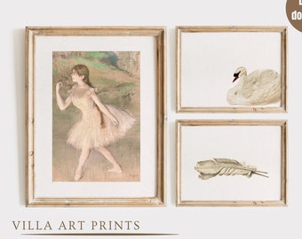 Ballerina Print Nursery Set of 3, Vintage Swan Nursery Decor, Pastel Nursery Wall Art, FeatherSketch Art, Printable Art, DIGITAL DOWNLOAD