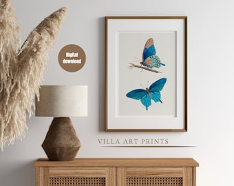 Impresión de mariposa vintage imprimible, ilustración ecléctica de mariposa en acuarela, impresión azul para sala de estar, arte mural de mariposas, descarga digital