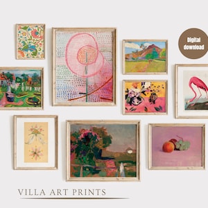 Eclectic pink gallery wall set of 9 prints, Maximalist wall decor pink, Printable gipsy style art, wall prints bundle, Digital download