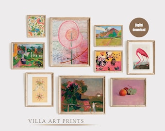 Eclectic pink gallery wall set of 9 prints, Maximalist wall decor pink, Printable gipsy style art, wall prints bundle, Digital download