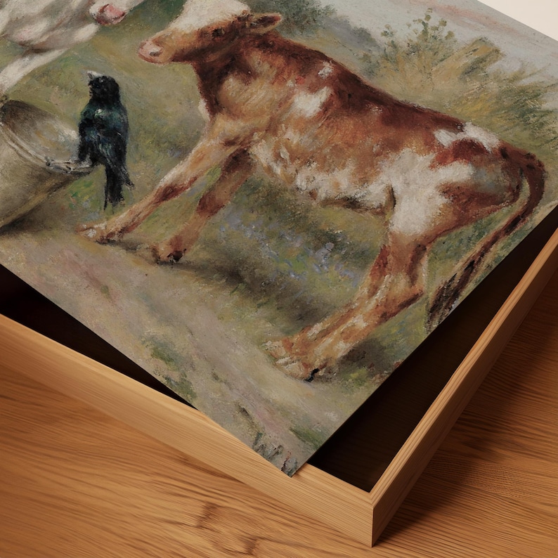May include: A painting of a brown and white calf standing in a field with a white cow and a black bird. The calf is looking to the right, the cow is looking to the left, and the bird is looking at the calf. The painting is framed in a wooden frame.