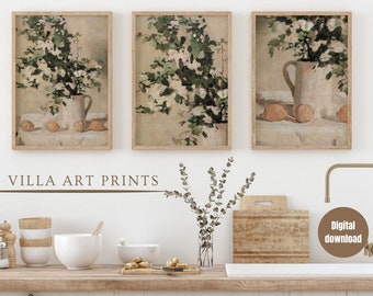 Vintage Farmhouse Kitchen Print Set of 3, Neutral Still Life Oil Painting, Spanish Kitchen Lemon Wall Art, White Flower Art Prints/PRINTABLE