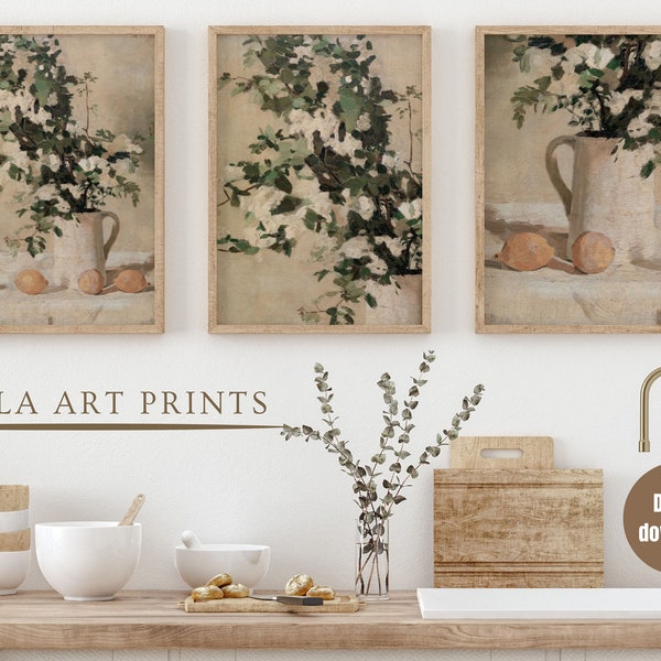 Vintage Farmhouse Kitchen Print Set of 3, Neutral Still Life Oil Painting, Spanish Kitchen Lemon Wall Art, White Flower Art Prints/PRINTABLE