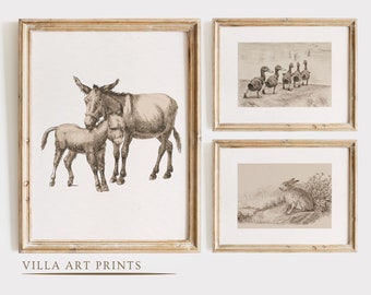 Rustic Nursery Prints, Vintage Animal Print Set x3, Nursery Duck Print, Donkey Print, Animal Drawing, Neutral Nursery Wall Art, PRINTABLE