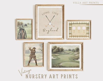 May include: Set of five vintage nursery art prints featuring a golf theme. The prints include a golfer swinging a club, a golf bag, golf clubs crossed with the text "Long Live Boyhood", and two prints of a golf course.