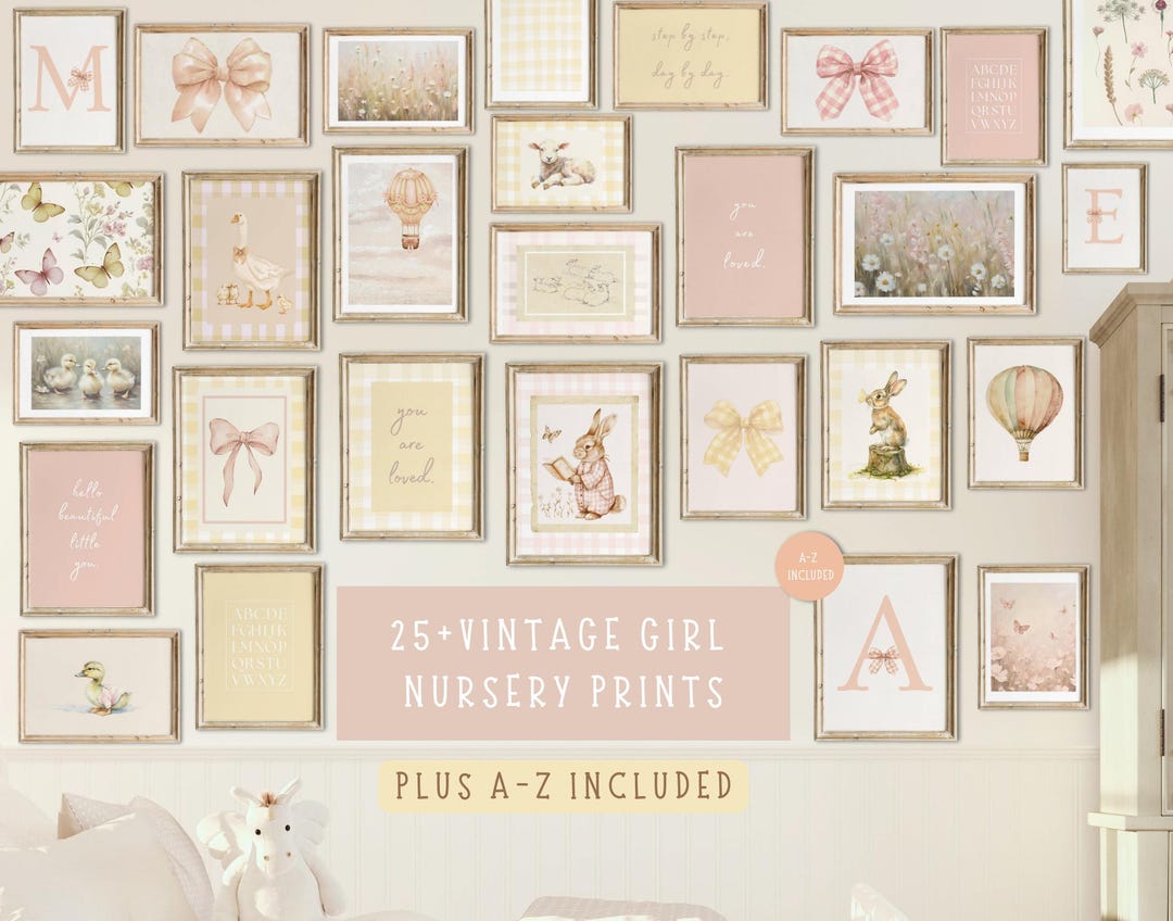 Pink Vintage Nursery Wall Art Baby Girl Nursery Prints Vintage Girl ...