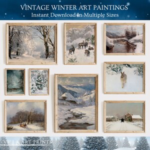 Winter Landscape Painting Gallery Wall Set of 9   Vintage Winter Forest Snow Country Prints  Printable Farmhouse Winter Christmas Wall Decor