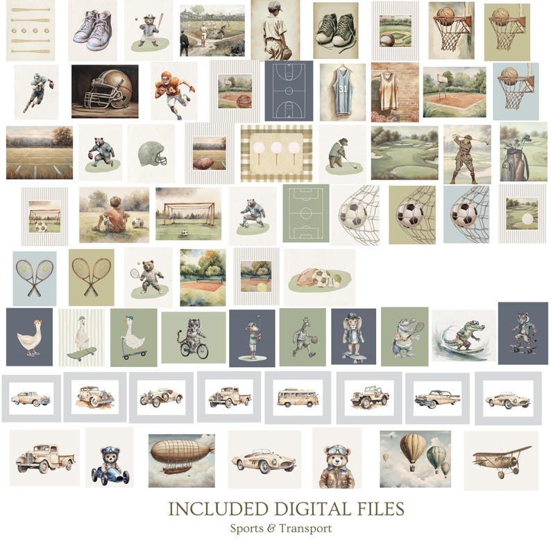 May include: A collection of watercolor illustrations featuring sports and transportation themes. Images include football, basketball, soccer, tennis, golf, vintage cars, a blimp, and hot air balloons. The text at the bottom reads "INCLUDED DIGITAL FILES Sports & Transport."