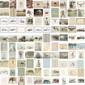 May include: A collage of 100 vintage-style illustrations featuring various themes, including nature, animals, travel, and sports. The illustrations are in a muted color palette and have a rustic, nostalgic feel.