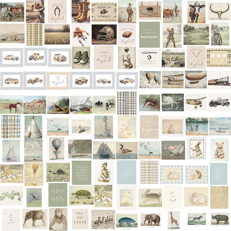 May include: A collage of 100 vintage-style illustrations featuring various themes, including nature, animals, travel, and sports. The illustrations are in a muted color palette and have a rustic, nostalgic feel.