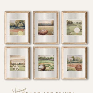 May include: Six framed watercolour prints showcasing vintage sports scenes. The prints depict tennis, American football, golf, football, baseball, and basketball. Each framed print has a striped background and a wooden frame. The text "VILLA ART PRINTS" and "Vintage SPORT ART PRINTS" are visible.
