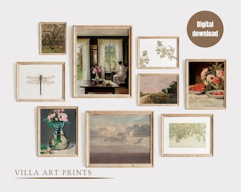 May include: A digital download of 8 printable art prints in a gallery wall arrangement. The prints feature a variety of subjects, including a dragonfly, a vase of flowers, a landscape, and a still life. The prints are all in a simple, elegant style and would look great in any home.