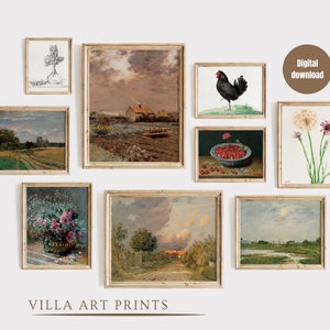 Afdrukbare vintage Franse landgalerie muurkunst set, antieke Europese kunstafdrukken, warme, esthetische boerderijinrichting, vintage interieur