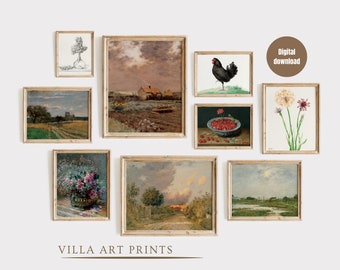 Printable vintage French country gallery wall art set, Antique European art prints, Warm aesthetic farmhouse decor, Vintage home decor