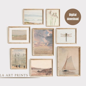 Vintage neutral colour coastal gallery wall print set of 8, Nautical vintage warm colour paintings printable, Lake house, digital download,