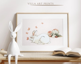 Bunny Print  Girl Bedroom Print   Vintage Watercolour Nursery  Farmhouse Animal Painting, Printable Nursery Wall Art, DIGITAL DOWNLOAD