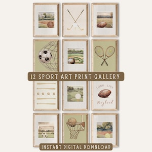 Sport Boy Wall Art  Nursery Sport Print Set of 12   Boy Room Decor  Vintage Style Baseball Golf Football Basketball Soccer Tennis Prints