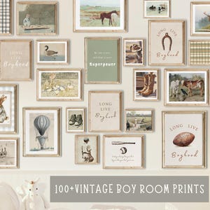 May include: A collection of vintage-style prints for a boy's room. The prints feature various themes, including animals, sports, and nature. The prints are framed in a light wood frame and have a distressed white background. The text on the prints includes "Long Live Boyhood" and "Superpower".