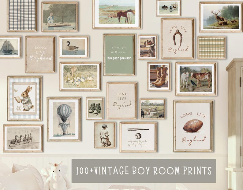 May include: A collection of vintage-style prints for a boy's room. The prints feature various themes, including animals, sports, and nature. The prints are framed in a light wood frame and have a distressed white background. The text on the prints includes "Long Live Boyhood" and "Superpower".