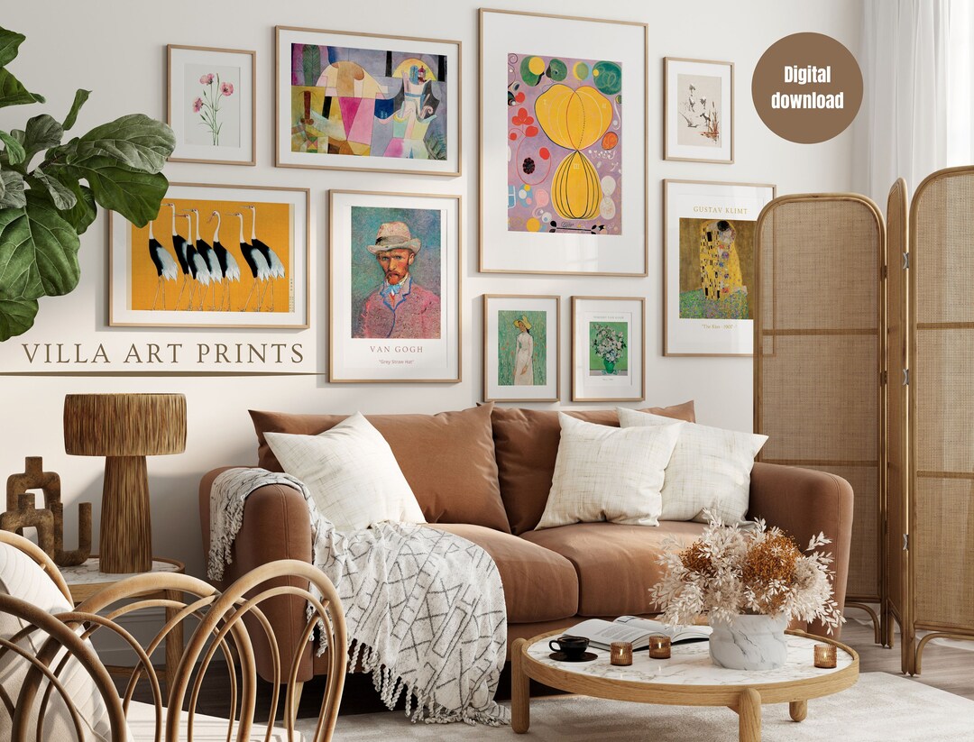 Printable Eclectic Gallery Wall Art Set of 9, Vintage Green Orange Wall