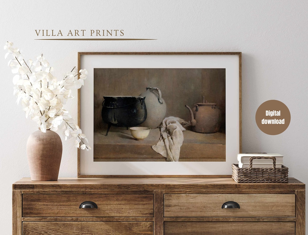 Vintage Farmhouse Kitchen Oil Painting, Rustic Country Cottage Kitchen ...