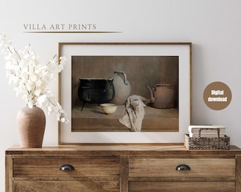 Vintage Farmhouse kitchen oil painting, Rustic country cottage kitchen still life print, Muted colour kitchen print, Digital download