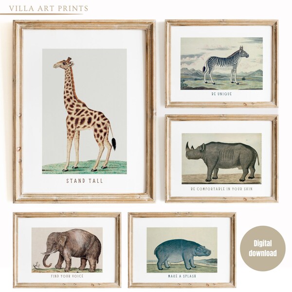 Safari babykamer prints set, vintage babykamer dieren decoratie, inspirerende citaten, olifantenprint, jungle babykamer muurdecoratie, boerderij babykamer