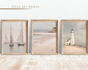 Beach Print Set of 3  Neutral Coastal Wall Art Print  Vintage Nautical Décor  Seascape Paintings  Printable Beach House  Digital Download