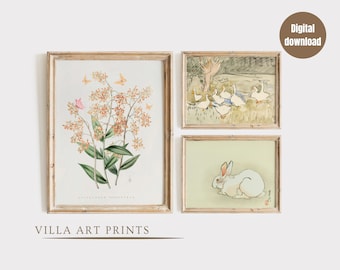 Nursery prints neutral vintage set of 3, vintage girls room print, Muted colour kids room prints, Printable kitchen art, digital download