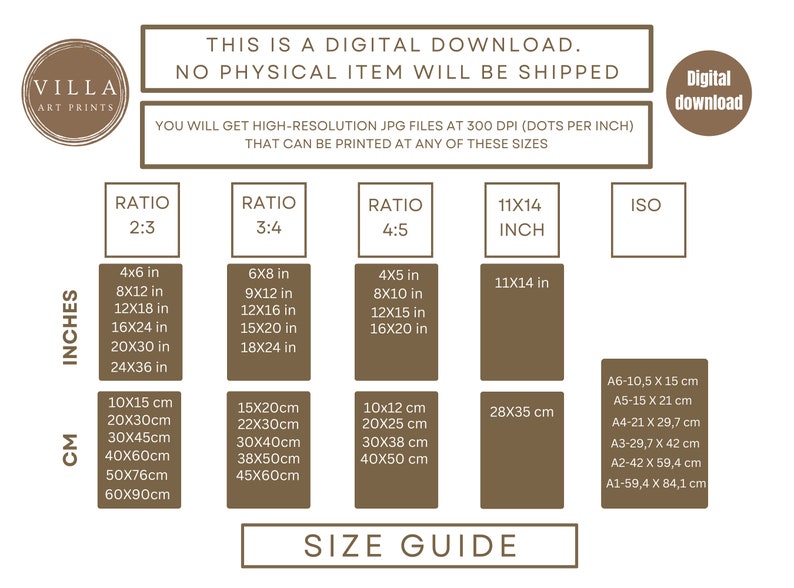 May include: A brown and white size guide for digital downloads of printable art prints. The guide shows different aspect ratios and corresponding sizes in inches and centimeters. The text "This is a digital download. No physical item will be shipped" is at the top of the guide.