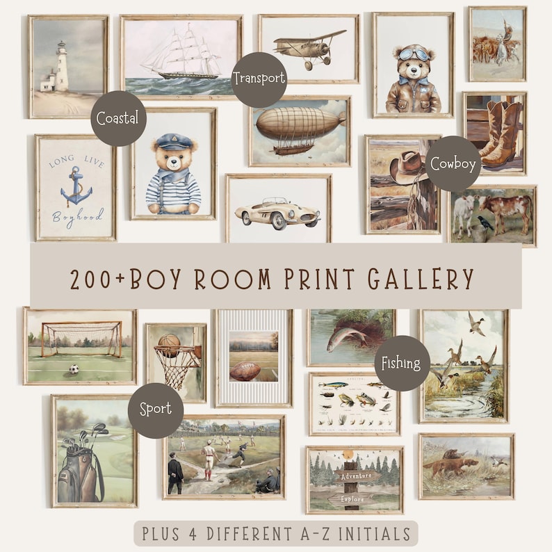 May include: A collection of framed art prints for a boy's room, featuring themes like coastal, transport, cowboy, sport, and fishing. The prints include images of a lighthouse, sailboat, airplane, teddy bear, car, and sports equipment. The text reads "200+ BOY ROOM PRINT GALLERY".