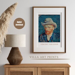 Eclectic Van Gogh famous self portrait oil painting, Vintage blue wall art print, Famous Van Gogh vintage wall print, digital download