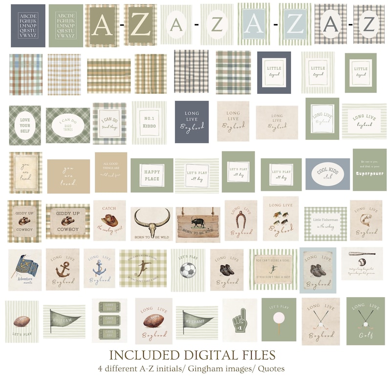 May include: Digital file set featuring various designs, including A-Z initials, gingham patterns, and quotes. The color palette includes shades of green, beige, and blue. The set includes images with text such as "Giddy Up Cowboy" and "Let's Play".