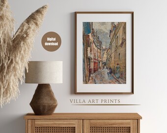 Printable vintage Paris street painting, French cityscape neutral wall art print, vintage European city scenery, digital download