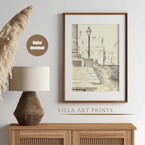 Vintage sketch cityscape print, Antique street pencil drawing, Vintage architecture street scene art sketch, line art,  Digital download