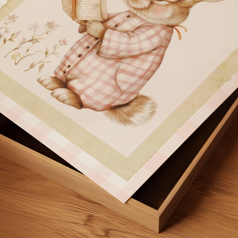 May include: A framed illustration of a pink and white checkered bunny holding a book. The bunny is wearing a pink and white checkered shirt and has a fluffy tail. The frame is made of wood and has a light brown finish.