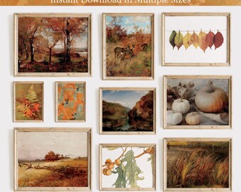 May include: A collection of nine framed vintage art prints featuring autumnal scenes. The prints include a forest scene, a deer in the woods, a still life with pumpkins, a river scene, a field with a fence, a close-up of acorns, and a field of tall grass. The prints are all in a rustic style and would be perfect for adding a touch of fall to your home decor.
