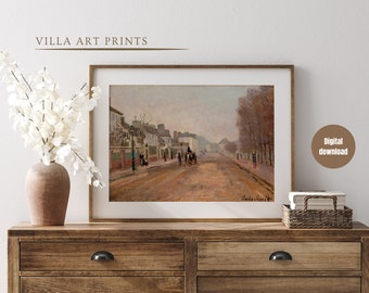 Printable vintage French  scenery painting, French cityscape neutral wall art print, vintage European oil painting, digital download, Monet