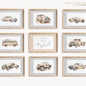 May include: Nine framed watercolor prints of vintage cars and a sign that says "Long Live Boyhood". The prints are in a light brown frame with a white mat.