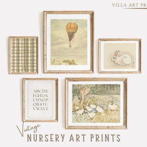 Vintage neutrale kinderkamer muur kunst boerderij kinderkamer decor kinderkamer dierenprint set Bunny print genderneutraal kwekerij digitale download