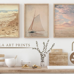 Printable vintage nautical gallery wall print set of 3, Vintage sailboat print, Warm colour lake house print set, digital download,