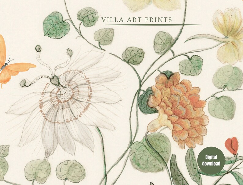 May include: Watercolor botanical print featuring a passionflower, orange butterfly, and other flowers and foliage in shades of white, orange, yellow, and green. The text "VILLA ART PRINTS" is at the top. A digital download is available.