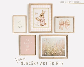 Vintage Girl Wall Art  Cottagecore Nursery Decor  Baby Girl Pink Nursery Print Set  Farmhouse Printable Nursery  DIGITAL DOWNLOAD
