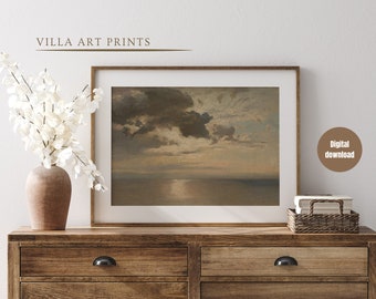 Minimalist vintage coastal landscape painting,  printable coastal lake house art print, muted seascape art, warm moody ocean painting,