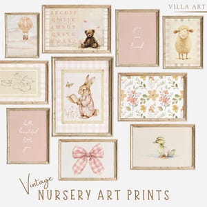 Pink Nursery Wall Decor   Vintage Nursery Girl Print Set  Cottagecore Nursery Decor  Vintage  Farmhouse Printable Nursery  DIGITAL DOWNLOAD